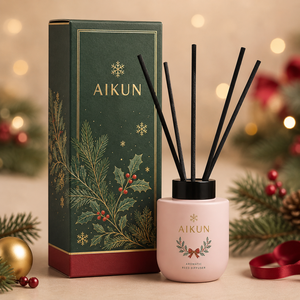 Aikun Christmas Woody Rose Scented Pink Bottle Black Fiber Stick Reed <b>Diffuser</b> in Botanical Holiday Gift Box for Home Decor - Product Image 1