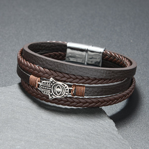 Pulsera de Cuero Multicapa con Amuleto de <span class=keywords><strong>Mano</strong></span> de <span class=keywords><strong>Hamsa</strong></span>, Cierre Magnético, Estilo Boho para Hombre - Product Image 2