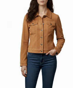 Chaqueta de Cuero Genuino de Primera Calidad para Mujer, Estilo Trucker, Diseño Sólido, Transpirable, para Primavera/Otoño, con Botones y Bolsillos - Product Image 1