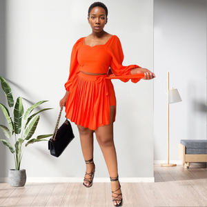 New Design Casual Slit Sleeve Crop Top Pleated Lace up Skirt 2 Piece <b>Set</b> Women Fashion - Product Image 2