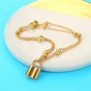 Double Layer Beads Chain Lock Charm Anklet 18k Gold Plated Stainless Steel Padlock Pendant Ankle Bracelet Anklet For Women