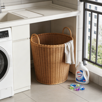 Panier à linge en rotin tressé à la main HN, anti-effraction, avec poignées en fer, style luxe léger, grande capacité de rangement pour salle de bain et chambre à coucher