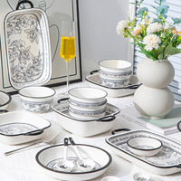 Service de vaisselle en céramique vintage noir à imprimé floral, assiettes, bols, plats de cuisson pour la maison, la cuisine, les mariages, les fêtes, les restaurants et l'usage quotidien