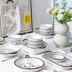 Juego de Vajilla de Cerámica con Estampado Floral Negro Vintage, <span class=keywords><strong>Platos</strong></span>, Tazones y Utensilios para Hornear para el Hogar, Cocina, Bodas, Fiestas, Restaurantes y Uso Diario - Product Image 3