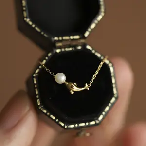 Ouj 18K Gold Plated Freshwater Pearl Dolphin Necklace Mini Whale Pendant Ocean Necklace Unique Gifts