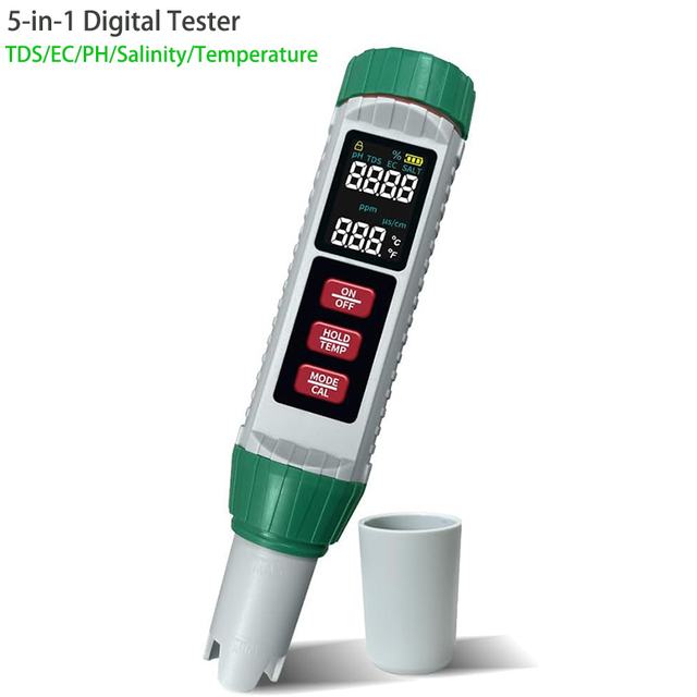 Digital Salinity pH EC Temp TDS Meter 5 in 1 Water Quality Tester for Swimming Pool Drinking Aquarium Hydroponic Hot Tub Spas