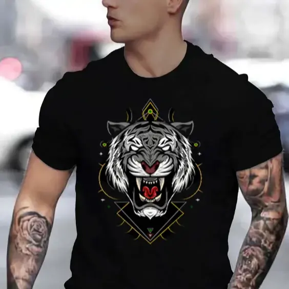 Camiseta informal de verano de manga corta con estampado de "tigre blanco" con cuello redondo para hombre