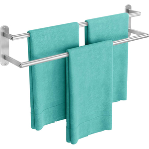 Porte-serviettes mural double sans perçage pour salle de bain, séchoir à serviettes, support de rangement à 2 niveaux, couleur argent - Product Image 1