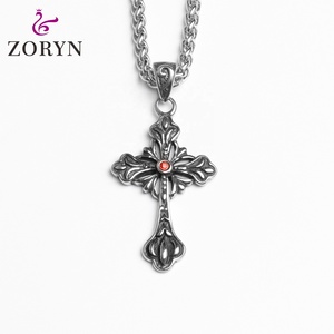 Colliers pendentifs vintage en acier inoxydable avec croix, étanches, avec gemme rouge, style gothique punk, en acier titane, bijoux de mode pour hommes - Product Image 1