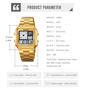 Montre-bracelet numérique dorée étanche en acier inoxydable pour homme SKMEI 2451, vente en gros chinoise, pas chère - Product Image 6