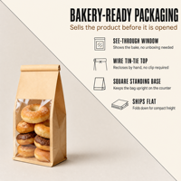 Sac à pain de boulangerie avec fenêtre transparente, fermeture à lien métallique, pochette en papier kraft pour l'emballage de donuts et pâtisseries, vente en gros pour cafés et boulangeries, impression personnalisée en vrac