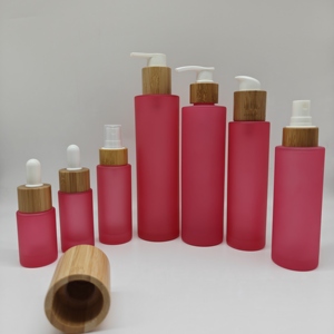 20ml 30ml 50ml 100ml 120ml 150ml 200ml Flacon en verre dépoli <span class=keywords><strong>rouge</strong></span> avec pompe compte-gouttes en bambou pour soins de la peau sérum parfum - Product Image 2