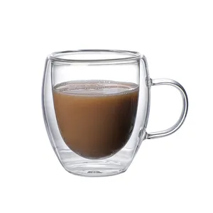 热可重复使用的双壁绝缘透明玻璃咖啡杯带手柄浓缩咖啡杯拿铁杯玻璃卡布奇诺杯