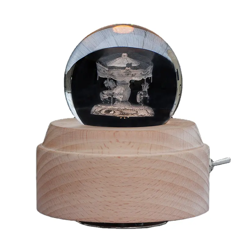 Custom rotating wooden base DIY Romantic crystal ball Christmas music box wholesale USB music box