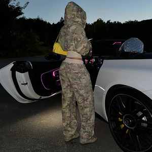 Custom Vrouwen Cropped Top Camouflage Trainingspakken Rits Hoodies En Joggingbroek Set Patch Logo Sweatsuit Set Voor Vrouwen