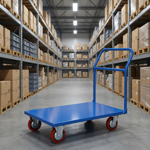 Chariot à plateforme en acier bleu avec quatre roues rouges, chariot industriel durable, surface thermolaquée, capacité de 350 kg, OEM - Product Image 3
