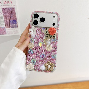Funda Brillante con Diamantes y Flores Rosas para iPhone 17 Air 16 Pro 15 Max, Carcasa Trasera DIY de TPU con Diseño de Arcoíris y Purpurina - Product Image 4
