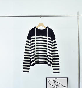 <span class=keywords><strong>Pull</strong></span> à capuche en tricot <span class=keywords><strong>rayé</strong></span> noir et blanc décontracté pour femme, col <span class=keywords><strong>marin</strong></span>, cordon de serrage, manches longues - Product Image 1