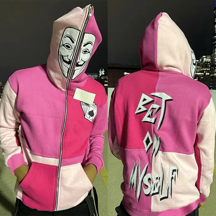 huili manufacturer wholesale custom embroidered hoodies men street graphic print color block full zip up hoodie