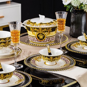 Service de table en porcelaine noire et or, style européen minimaliste, assiettes et bols, vaisselle de luxe - Product Image 6