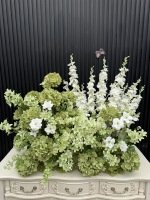 Composition florale populaire pour mariage, blanche et verte, en soie artificielle, avec hortensias et roses, pour bar à fleurs de mariage
