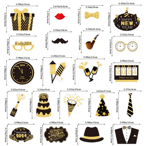 21 pièces/ensemble 2024 Joyeux Nouvel An <span class=keywords><strong>Accessoires</strong></span> photo pour fête <span class=keywords><strong>Accessoires</strong></span> de fête en papier noir Décoration de vacances en famille - Product Image 3