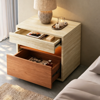 Table de chevet moderne scandinave en marbre travertin, bois et finition frêne, avec compartiment ouvert rétroéclairé, forme carrée, pour chambre à coucher