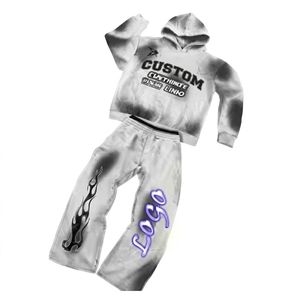 Custom Wholesale Heavyweight Cotton Fleece Streetwear Y2K Acid Wash <b>Spray</b> Dye Logo Print Mens Hoodie <b>Set</b> - Product Image 1