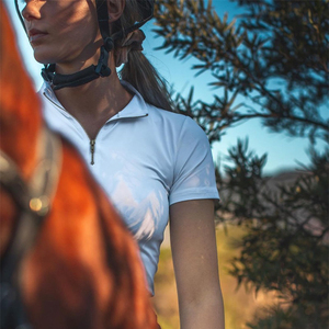 Blanco personalizado de cremallera de la competencia de manga corta capa Base ecuestre de secado rápido deportes caballo Show T camisa para Horsewoman - Product Image 6