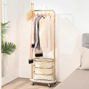 Mobile Hanging Clothes Drying Rack Hall Tree Entryway Standing Coat Rack With Movable Laundry Basket