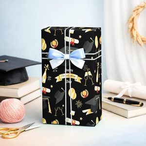 Graduation <b>Wrapping</b> <b>Paper</b> Roll 17 Inch X 16.5 Feet Black Gold Elegant Cap Diploma Gift Wrap For Graduation Celebration - Product Image 6