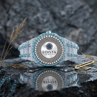 Montre-bracelet de luxe à quartz analogique en acier inoxydable, cadran foncé, entièrement sertie de pierres, bracelet à fermoir déployant pour LOISTA JEWELS