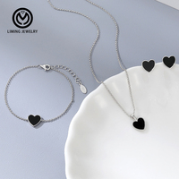 Cadeau tendance pour la Saint-Valentin, ensemble de bijoux en argent 925 avec émail noir en forme de cœur, 3 pièces, collier, bracelet, boucles d'oreilles, bijoux fins pour femmes