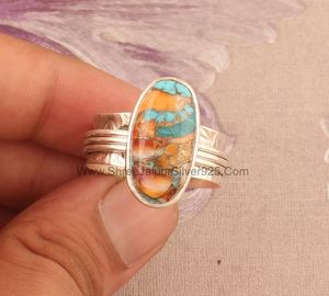 925 Sterling Silver Vintage Oyster Turquoise Gemstone Spinner Ring Sculptée à la main Poire Cut pour les mariages ou les fêtes des femmes - Product Image 1