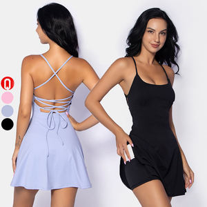 HQ0268 Criss cross Backless Plain 2-teiliges Barre Ballet Dance Verstellbares A-gefüttertes Tennis Golf Flared Dress - Product Image 1