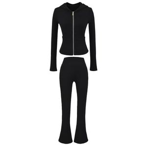 Ensemble décontracté en coton pour femmes, veste en tricot unie à fermeture éclair intégrale et pantalon évasé à revers aux genoux, 2 pièces - Product Image 3