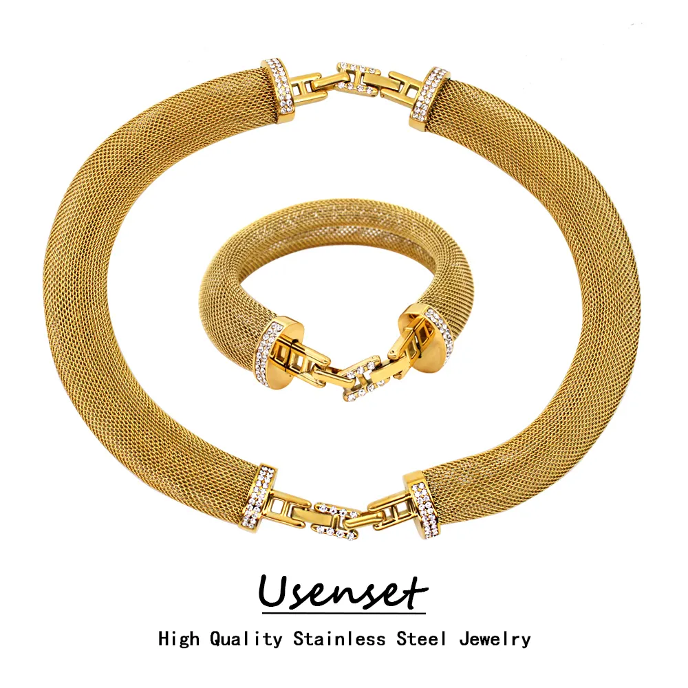 USENSET Elegant Women's 18k Gold Stainless Steel Jewelry Set Exclusive 16mm Mesh Removable Design Bijoux Wholesale Low MOQ