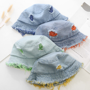 Custom <strong>Funky</strong> Wide Distressed Brim Blue Jean <strong>Bucket</strong> <strong>Hat</strong> Women's Cotton Denim Fisherman <strong>Hat</strong> for Hip Hop Style Casual Party Travel - Product Image 1