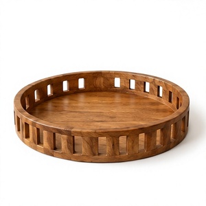 Plateau de service rond en bois de manguier finition naturelle, plateau décoratif en bois avec clôture murale à lattes ouvertes - Product Image 1