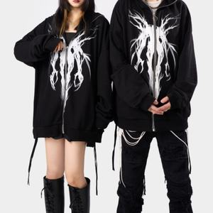 Sweat à capuche tendance noir à fermeture éclair intégrale, style hip-hop, broderie sur le devant, manches longues, sweat-shirts à capuche - Product Image 6