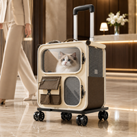 Sac de transport pour animaux à roulettes 4 roues en cuir de vachette et tissu Oxford avec grande fenêtre de visualisation, poignée télescopique, lavable, portable pour chat et animaux de compagnie