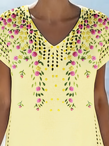 Vestido Midi de Punto Floral para Mujer, Verano 2026, Cuello en V, Manga Corta, Malla Pointelle, Vestido de Playa, 100% Poliéster, Estampado - Product Image 6