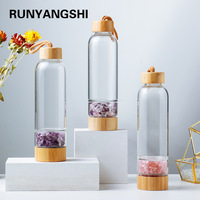 Bouteille d'eau en verre à hydrothérapie en pierre de cristal concassée de la mer de Chine orientale, tasse à thé avec couvercle en bambou et compartiment à ouverture étroite