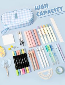 Grande trousse à crayons colorée mignonne, pochette à stylos avec fermeture éclair, organisateur de rangement pour fournitures scolaires, à carreaux bleus, 9x4.5x2.5 pouces - Product Image 2