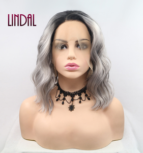 LINDAL สีเงินสีเทาสั้นตัดลูกไม้สังเคราะห์หยิกด้านหน้า Bob ผมหยิกวิกผมลูกไม้ด้านข้างแยกความร้อนแพลทินัมสีเทาวิกผม - Product Image 1