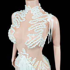 Justaucorps en maille à franges de perles blanches Pearl Couture Regal Swan, couleur ivoire, pour Gala, Diva, Mariage, Showgirl, Performer, Costume de scène - Product Image 6