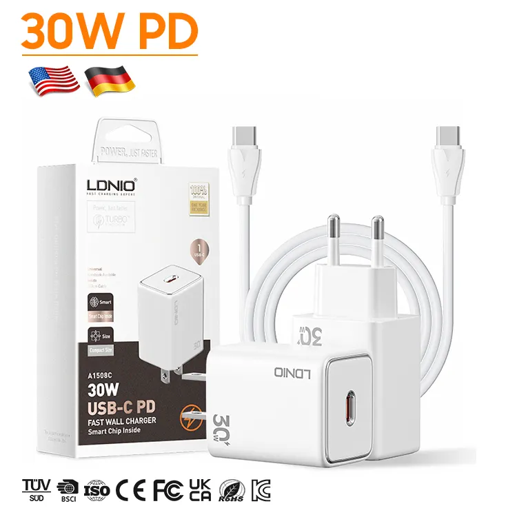 LDNIO A1508C En stock Original EU US 30W PD Wall USB Type C Charge rapide Chargeur de téléphone portable pour Apple Samsung iphone 14 Pro Max