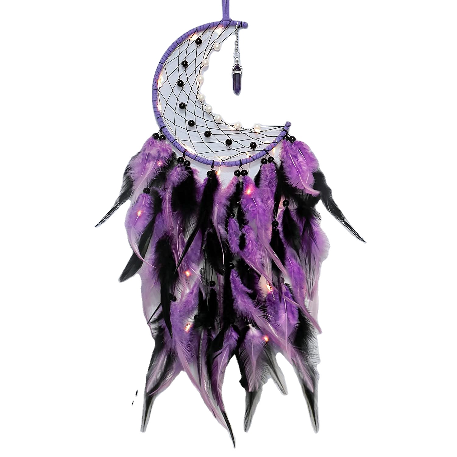 Ловец снов в форме Луны со сказочными огнями-Разноцветные перья ручной работы, бирюзовые подвесные бусины, настенное украшение для детской комнаты