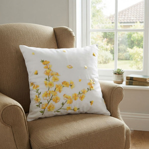 Fundas de Sofá Cuadradas de Lino Blanco con Bordado de Flores Amarillas, Bonitas Fundas de Almohada Bordadas, Cojín de Asiento Bordado - Product Image 3