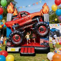 Château gonflable sur le thème des Monster Truck, flammes 3D, rouge/noir, en PVC de qualité commerciale, pour les fêtes d'anniversaire des enfants